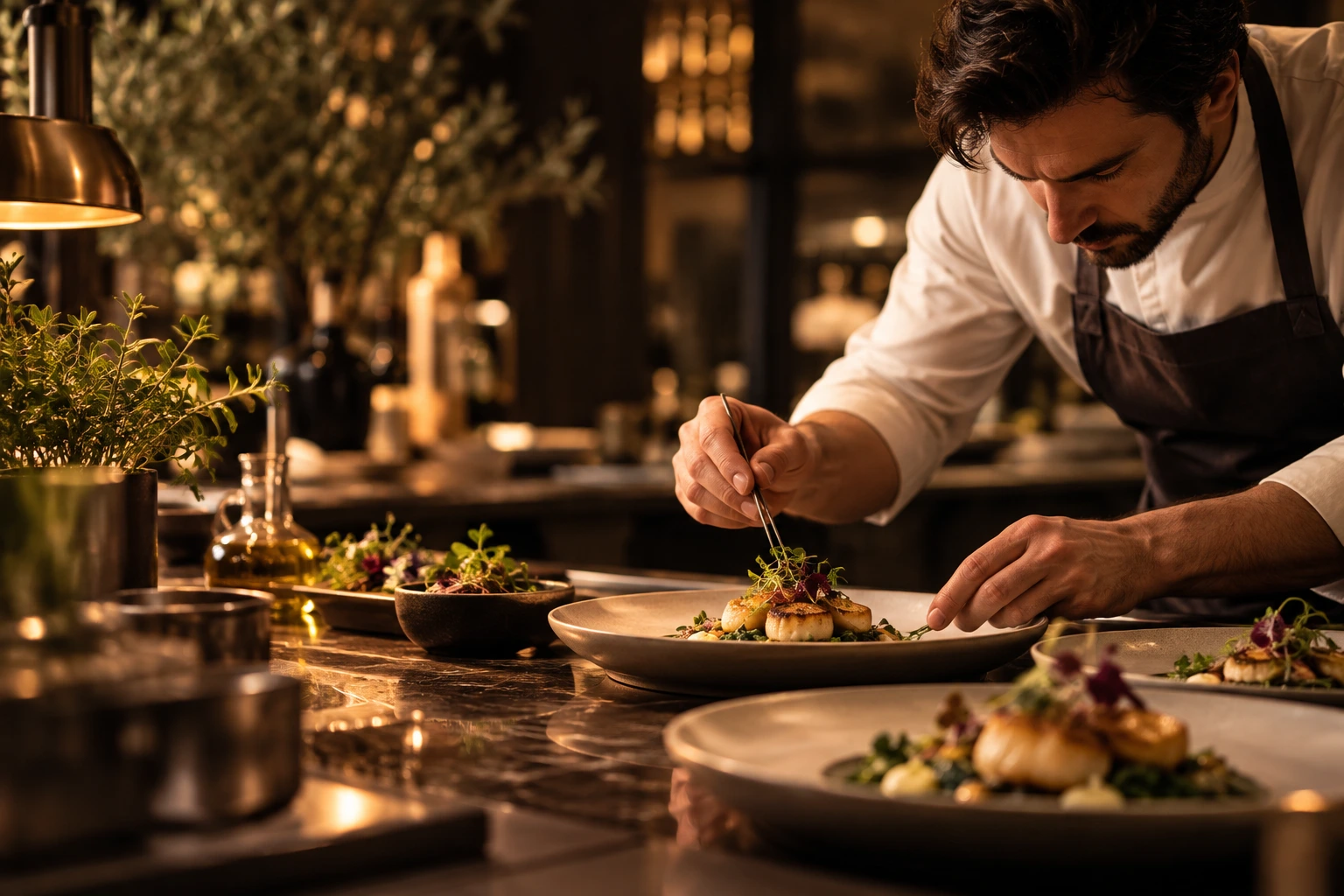Chef carefully plating food in a warm, cinematic restaurant kitchen